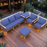 7 Pieces Patio, Wicker Dining Set With Removable Cushions Cotton And Rattan - Blue - Furniture Home Direct