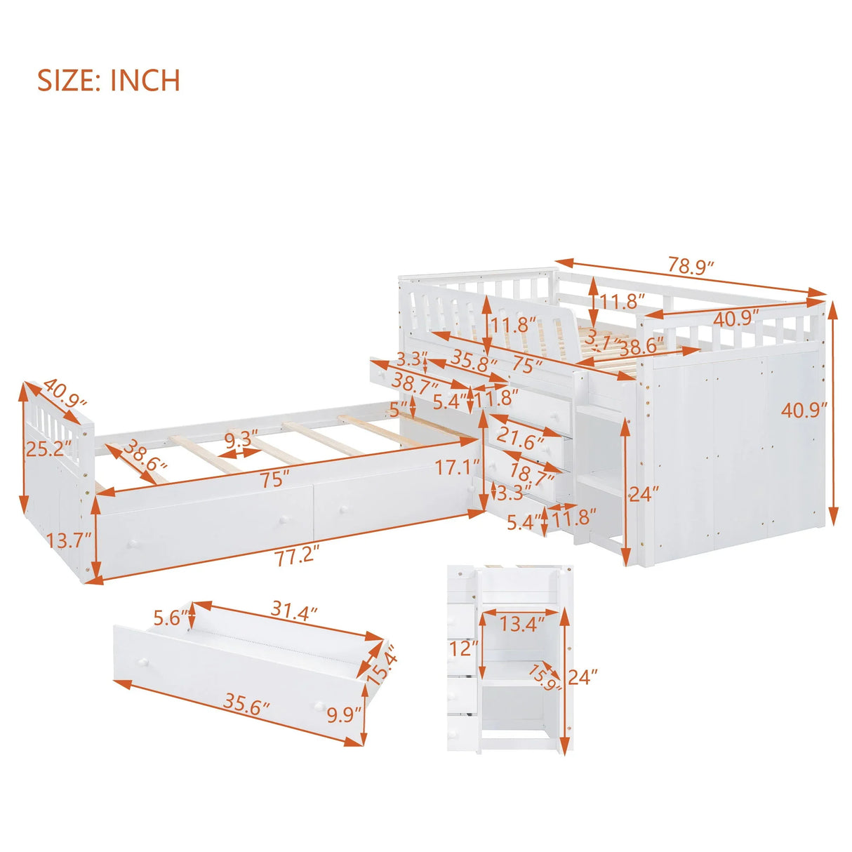 Loft Platform Bed With 7 Drawers And Full Guardrails, Modern L Shaped Space Savin - Furniture Home Direct