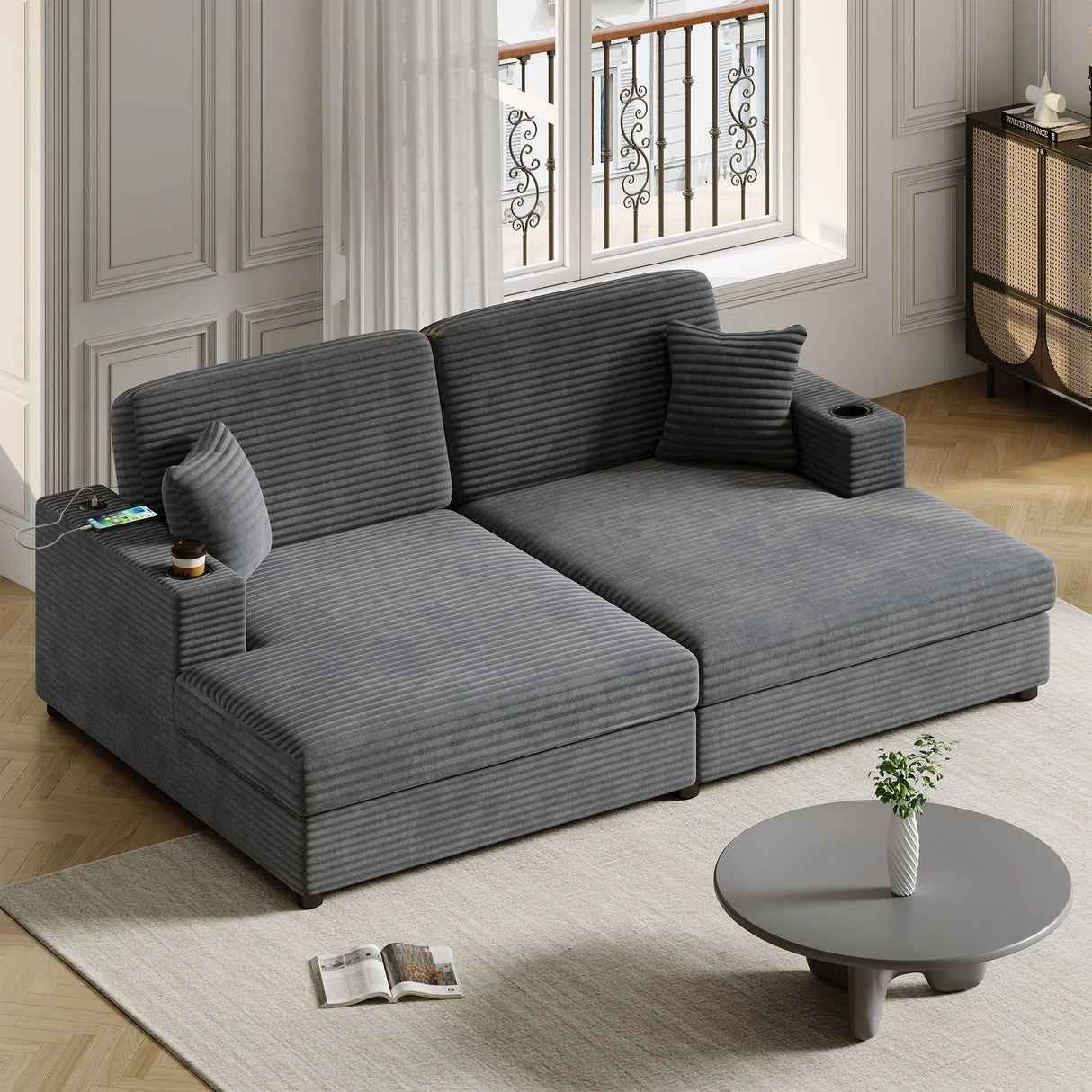 Oversized Loveseat Chaise With 2 USB Ports, 2 Cup Holders And 2 Throw Pillows - Furniture Home Direct