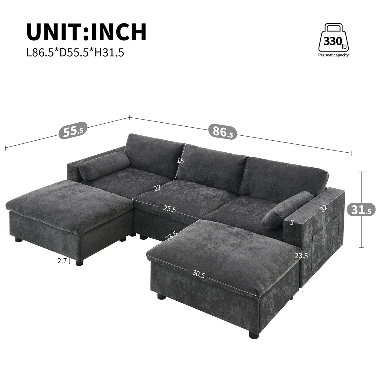Modular Sectional With Storage Pockets, 5 Seat U Shaped Couch Set With Pillows, Free Combination Modern Cloud Sofa With 2 Movable Ottoman - Furniture Home Direct