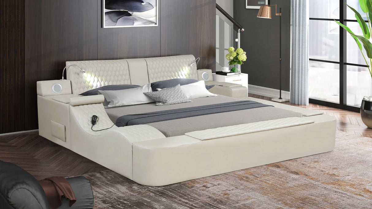 Queen Bed Upholstered Platform with Built in Lighting Beige - Furniture Home Direct
