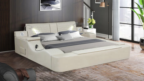 Queen Bed Upholstered Platform with Built in Lighting Beige - Furniture Home Direct