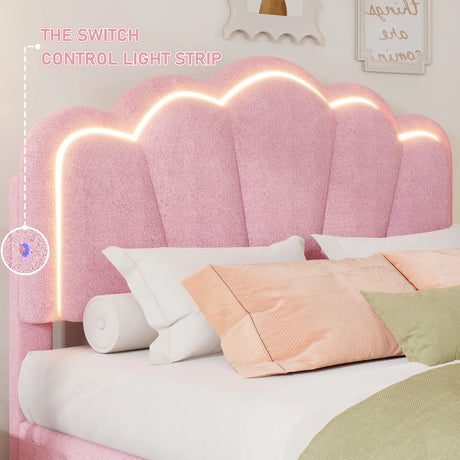 Upholstered Elegant Flowers Headboard With LED Light Strip, Platform Bed With Slats Support - Furniture Home Direct