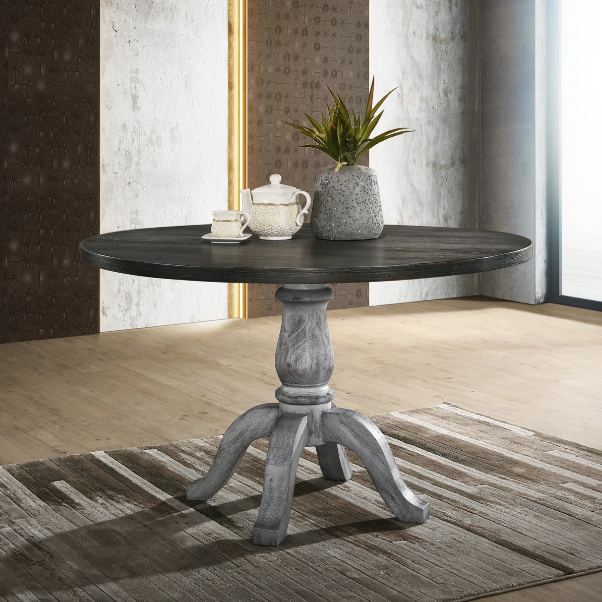 Dining Set Round Pedestal Table With Chairs Weathered White - Furniture Home Direct