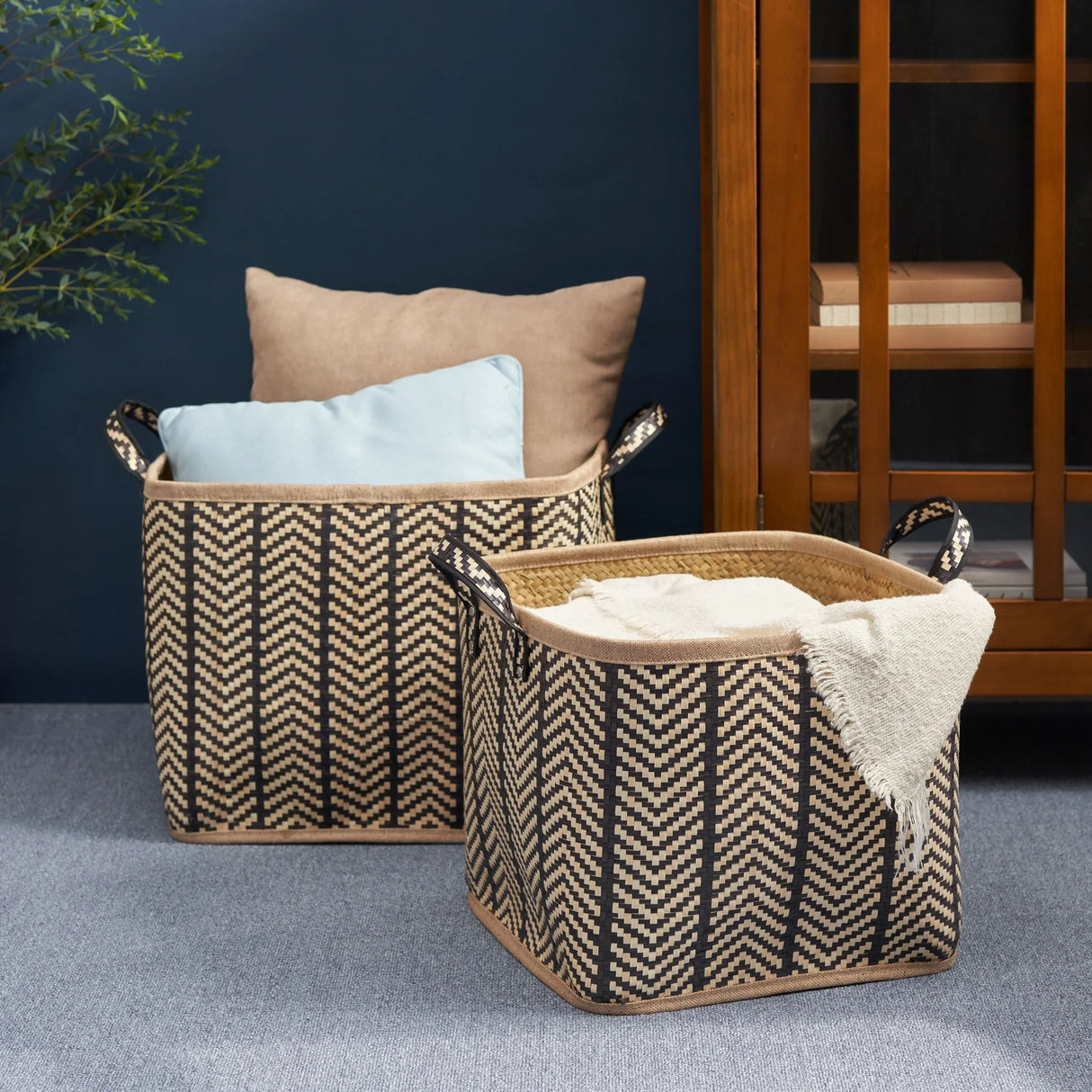 Square Palm Leaf Woven Wicker Storage Basket With Handles (Set of 2) - Back / Brown - Furniture Home Direct