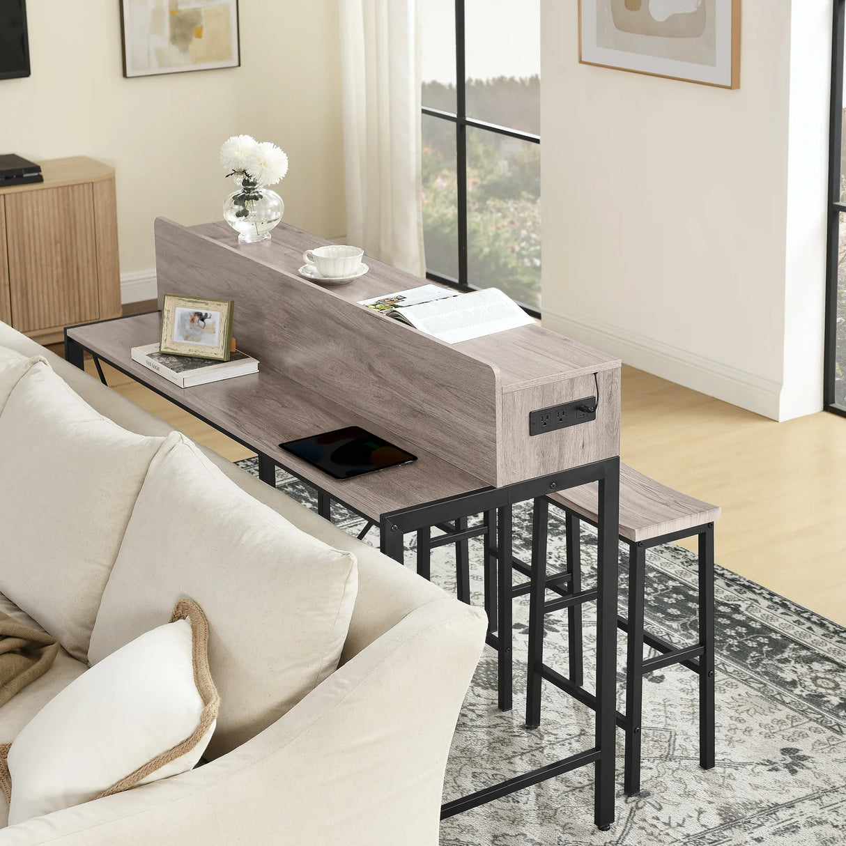 Console Table Set With LED Light Power Outlet Grey - Furniture Home Direct