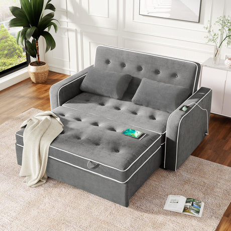 Upholstered Loveseat with Pull Out Sofa, Two Throw Pillows, Dual USB Charging Port And Adjustable Backrest - Gray - Furniture Home Direct