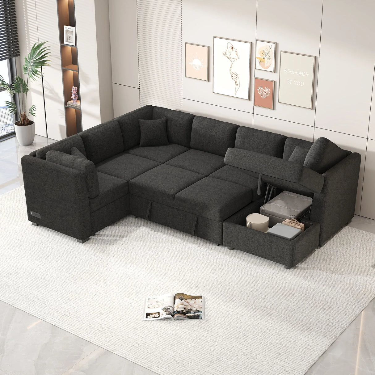 U-Shaped Sectional Sofa Pull Out Sofa Bed With Two USB Ports, Two Power Sockets, Three Back Pillows And A Storage Chaise For Living Room - Furniture Home Direct