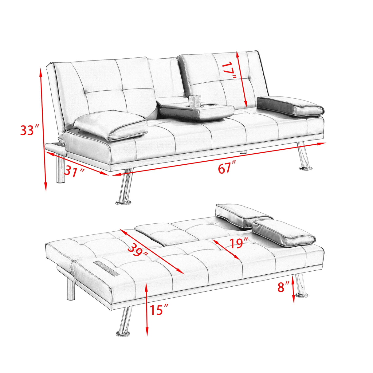Black Leather Multifunctional Double Folding Sofa Bed for Office with Coffee Table - Furniture Home Direct
