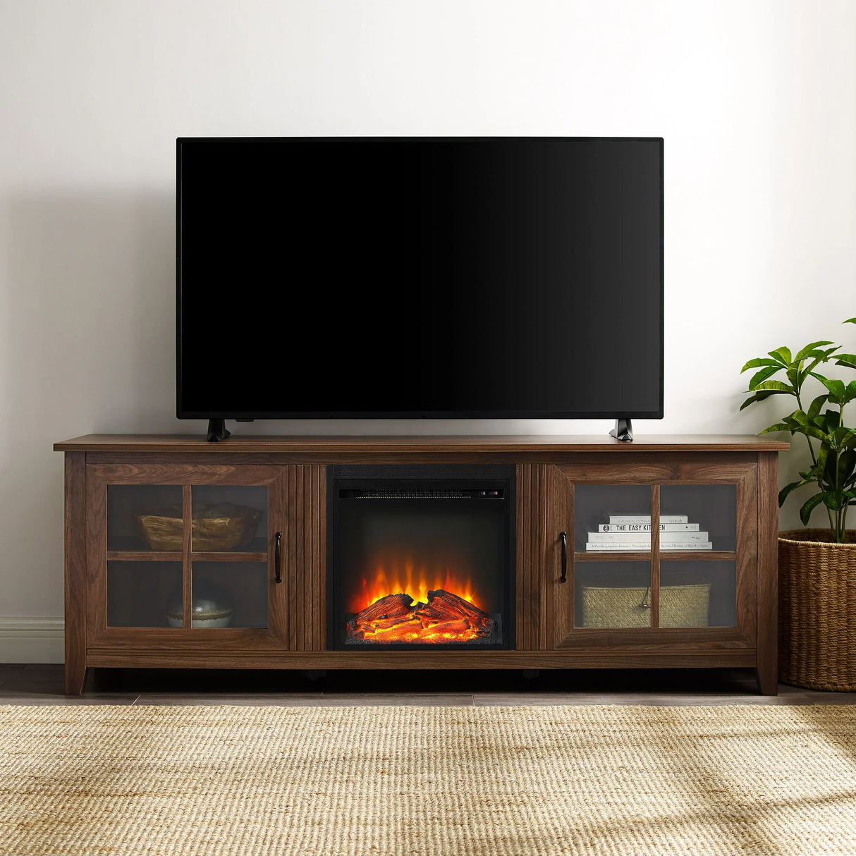Modern Farmhouse 2 Door Glass Windowpane 70" TV Stand For 80" TVs - Furniture Home Direct