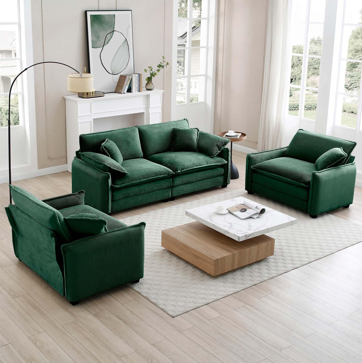 Corduroy Loveseat and 2 Chair Set - Green - Furniture Home Direct