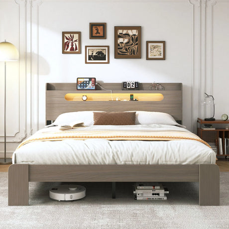 King Size Platform Bed Frame With Storage LED Light Headboard And Usb, Noise Free - Dark Gray - Furniture Home Direct