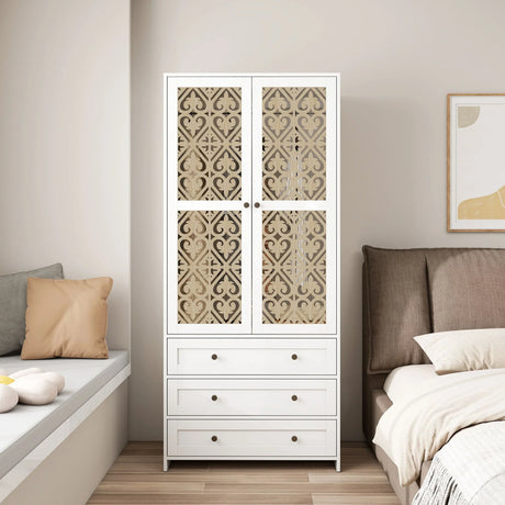 Hollow Pattern 2 Door 3 Drawer Wardrobe, The Collision Of Wood Color, Suitable For Bedrooms And Dressing Rooms - White - Furniture Home Direct