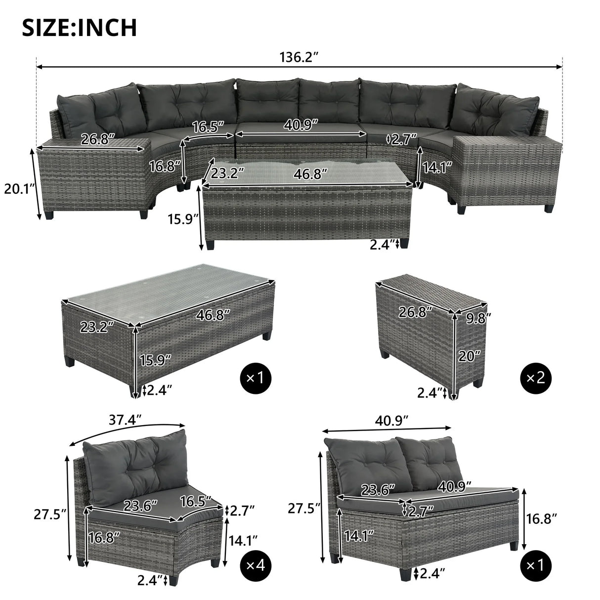 8 Pieces Outdoor Wicker Round Sofa Set, Half-Moon Sectional Sets All Weather, Curved Sofa Set With Rectangular Coffee Table, PE Rattan Water-Resistant And UV Protected, Movable Cushion - Furniture Home Direct