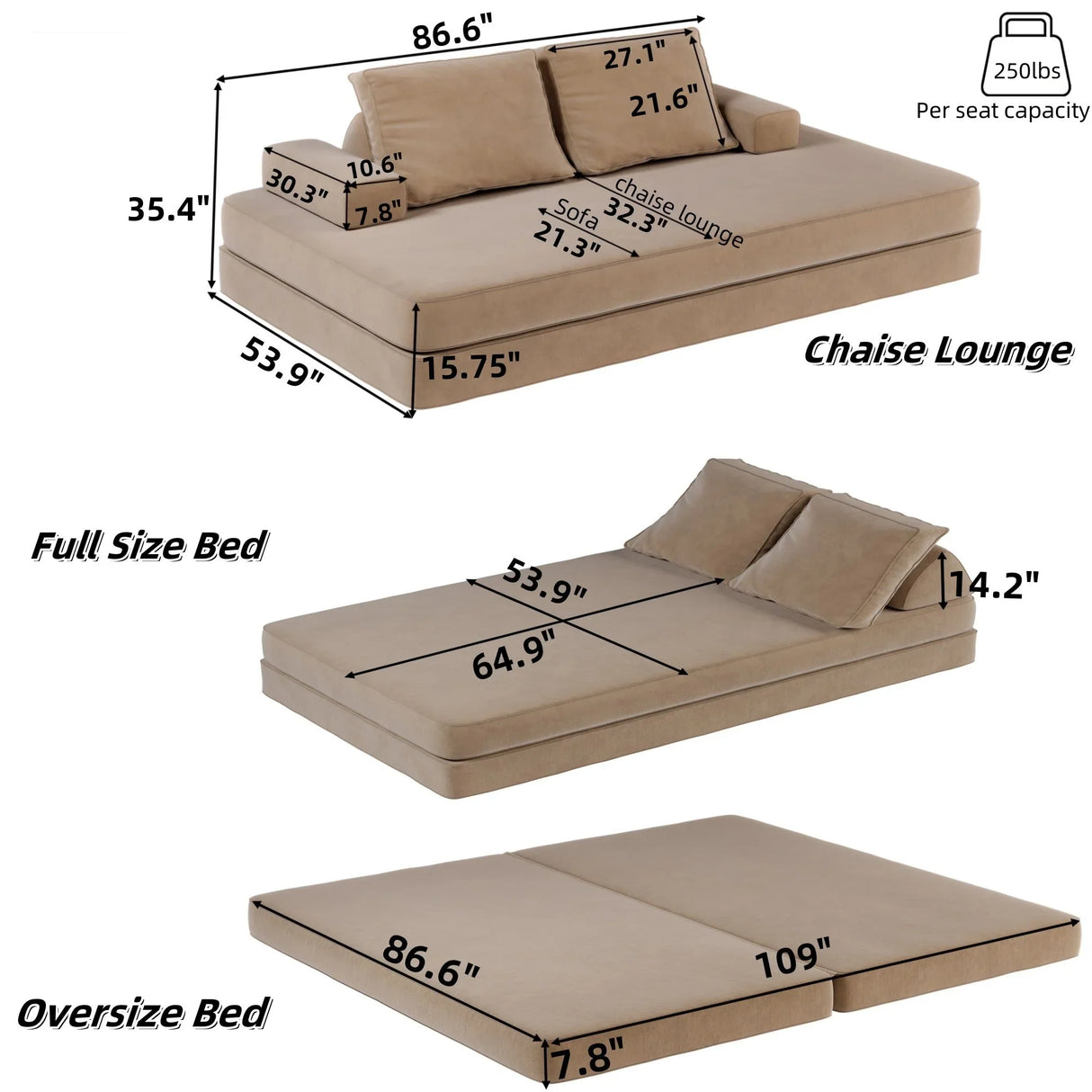 Multifunctional Convertible Sofa Bed With 2 Tumbler Backrests And 2 Pillows, Deep Seat Couch - Furniture Home Direct