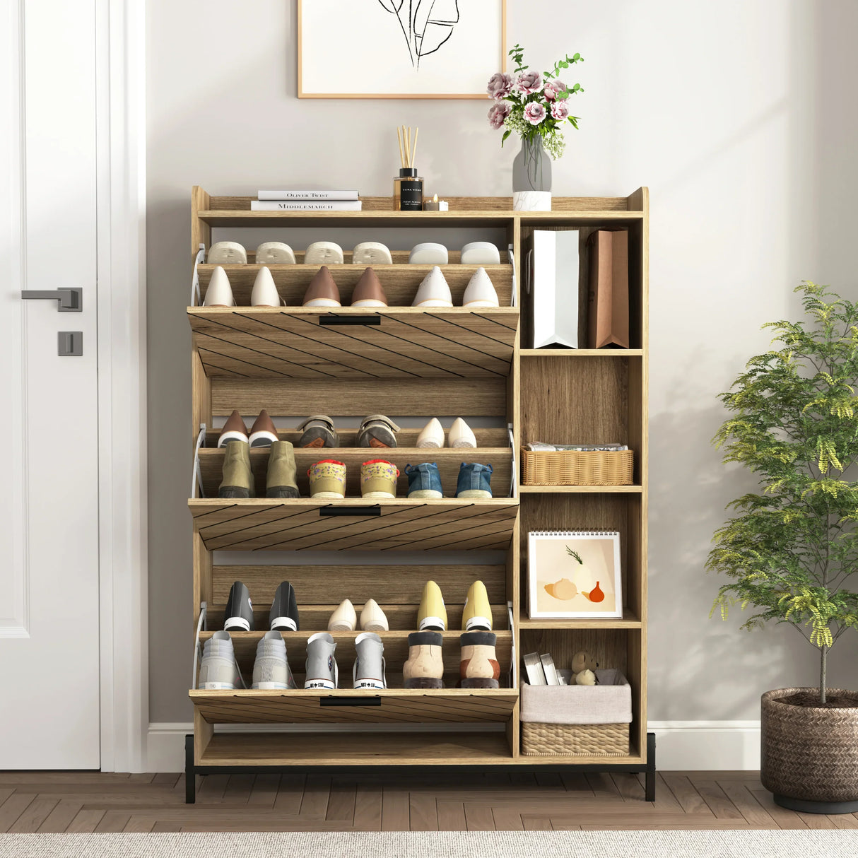 Shoe Cabinet with 3 Flip Drawers & Open Shelves, Modern Entryway Shoe Storage Cabinet Slim, Narrow Hidden Shoe Rack for Heels, Boots, Slippers, Wood Freestanding Shoe Organizer for Entrance - Furniture Home Direct