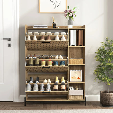 Shoe Cabinet with 3 Flip Drawers & Open Shelves, Modern Entryway Shoe Storage Cabinet Slim, Narrow Hidden Shoe Rack for Heels, Boots, Slippers, Wood Freestanding Shoe Organizer for Entrance - Furniture Home Direct