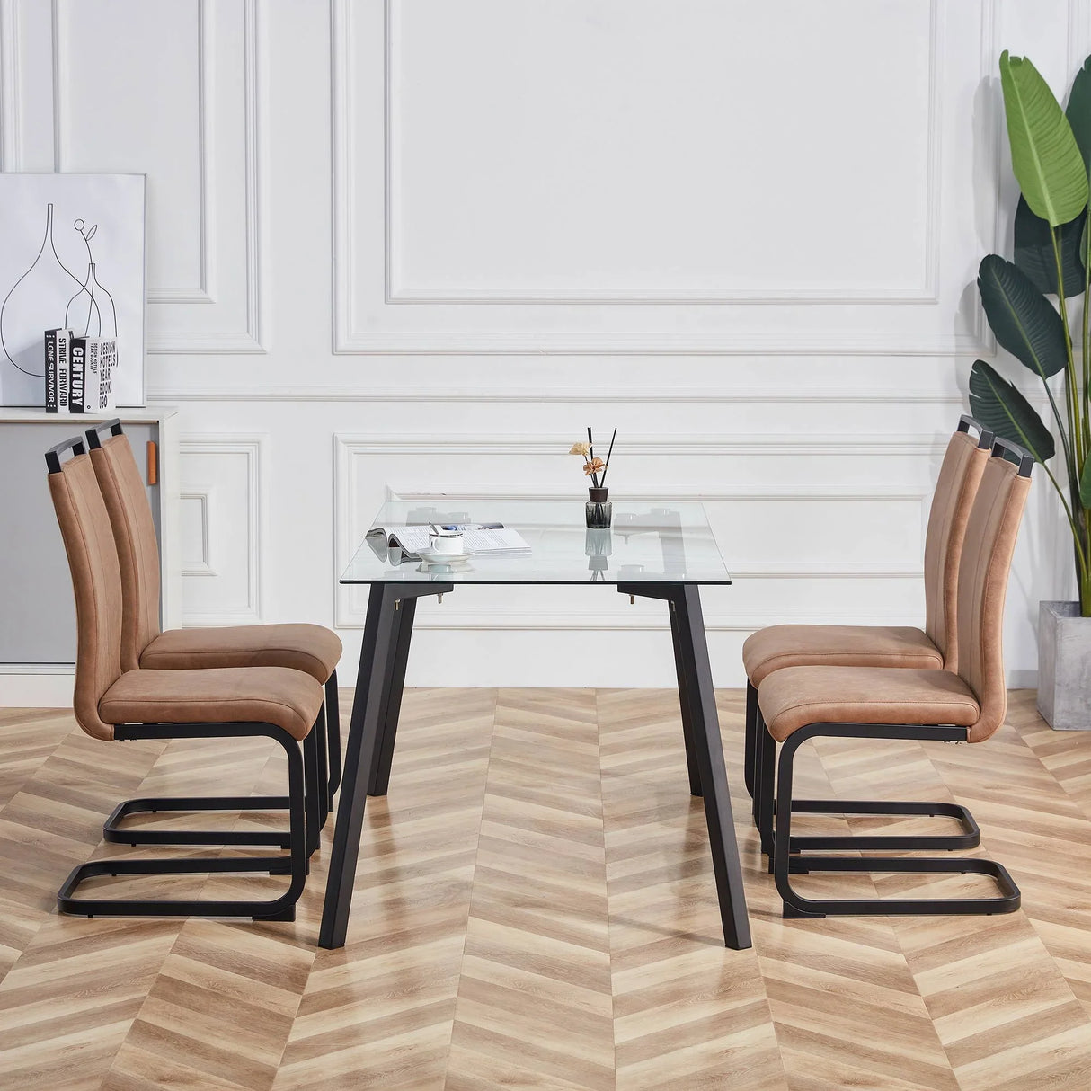 Dining Chairs Upholstered Modern Cantilever Steel Brown - Furniture Home Direct