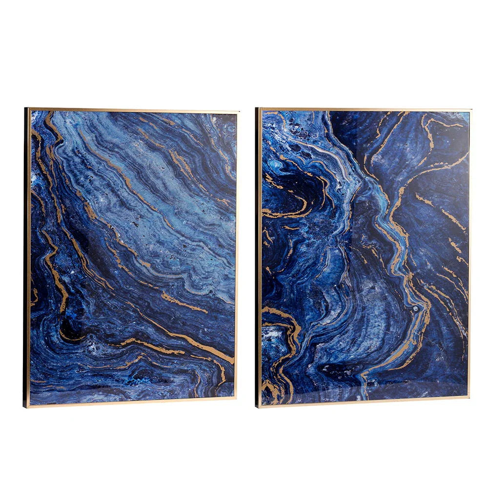 Framed Art Panels, Unique Marbled Design (Set of 2) - Blue - Furniture Home Direct