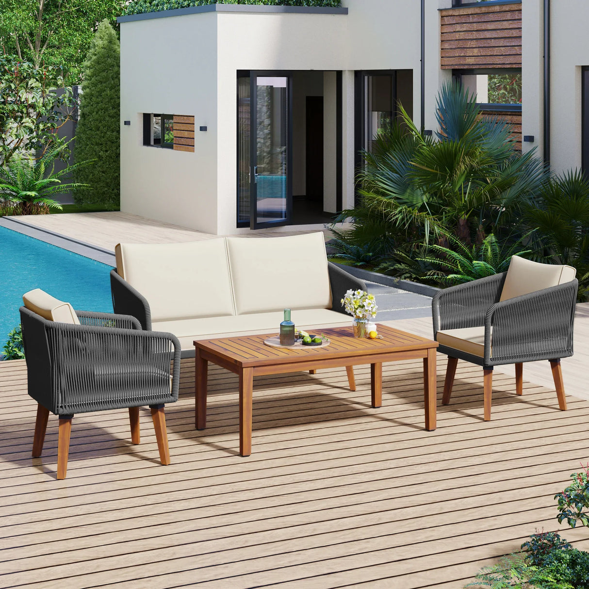 4-Piece Patio Conversation Set with Loveseat, 2 Chairs, Coffee Table + Cushions - Gray - Furniture Home Direct