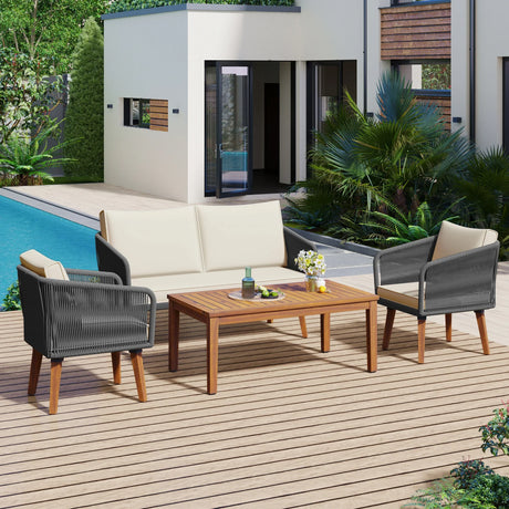 4-Piece Patio Conversation Set with Loveseat, 2 Chairs, Coffee Table + Cushions - Gray - Furniture Home Direct