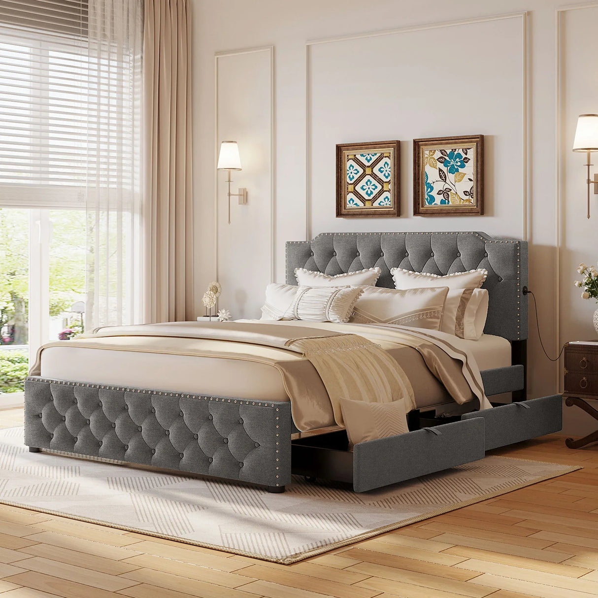 Upholstered Platform Bed With 2 Drawers And 2 Sets Of USB Ports On Each Side, Linen Fabric - Furniture Home Direct