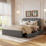 Upholstered Platform Bed With 2 Drawers And 2 Sets Of USB Ports On Each Side, Linen Fabric - Furniture Home Direct