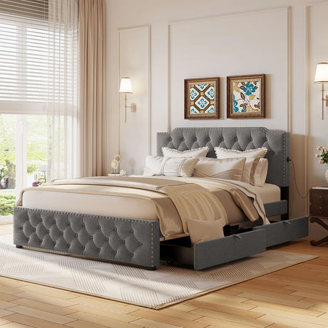 Upholstered Platform Bed With 2 Drawers And 2 Sets Of USB Ports On Each Side, Linen Fabric - Furniture Home Direct