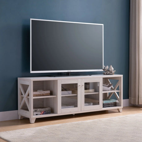 Farmhouse Home Entertainment Center, TV Stand With 4 Shelves And Transparent Center Cabinet - White Oak - Furniture Home Direct