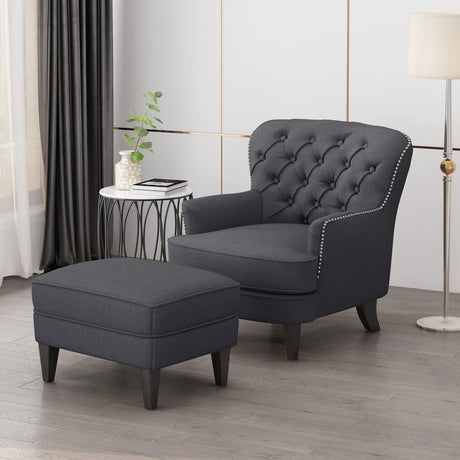 Club Chair and Ottoman Tufted Set with Nailhead Gray - Furniture Home Direct