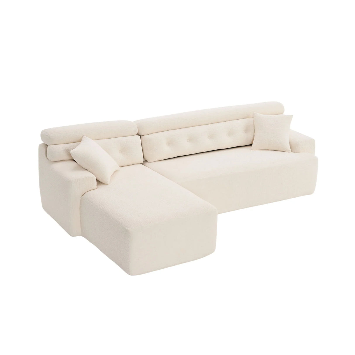 Ly 029B Convertible Chaise Sectional Sofa Full Compression Sponge Modular Couch Cloud 3 Seater Wood Grain Chenille 2 Pillows - Antique White - Furniture Home Direct