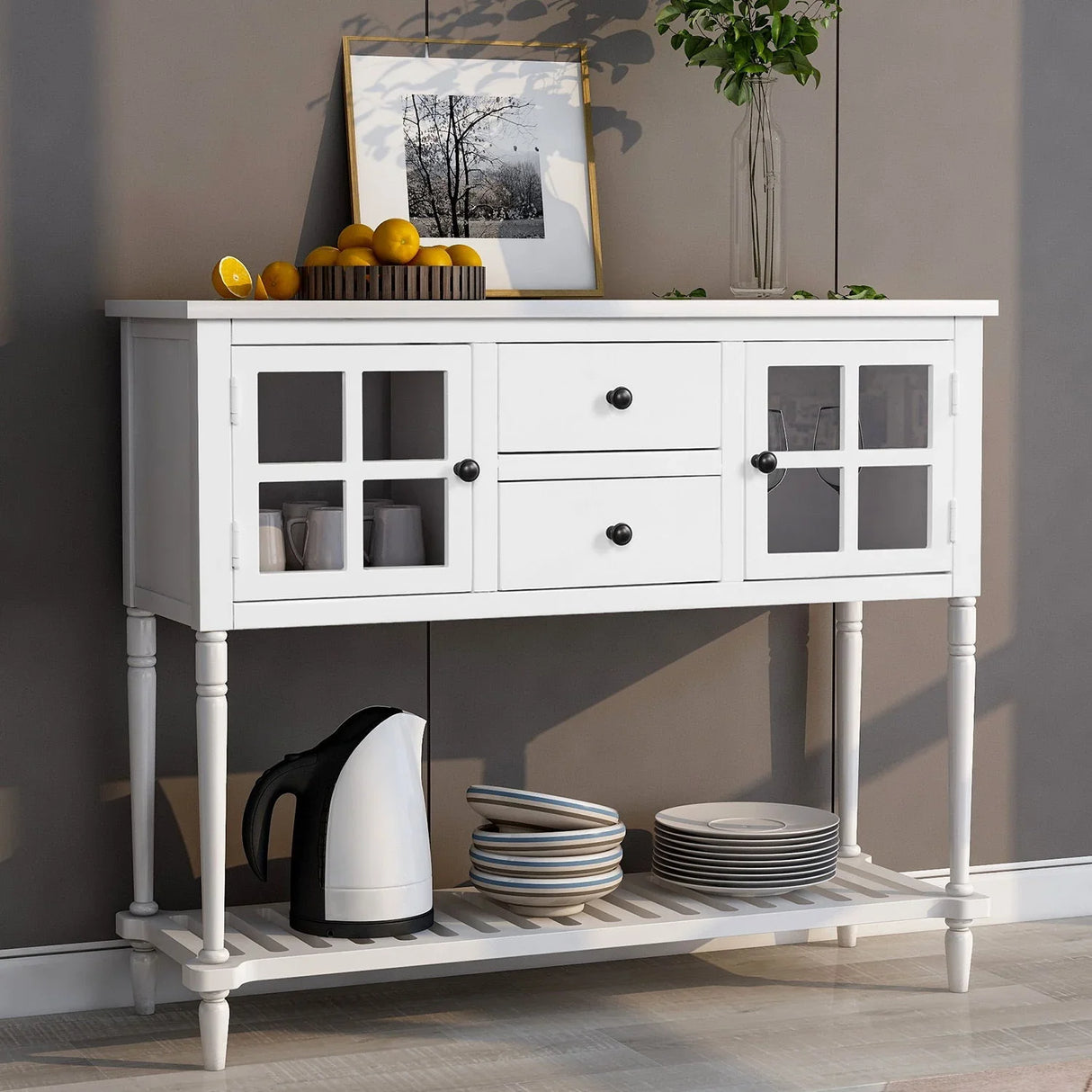 Hearth & Haven Stella Buffet Storage Cabinet With Bottom Shelf, White - Furniture Home Direct