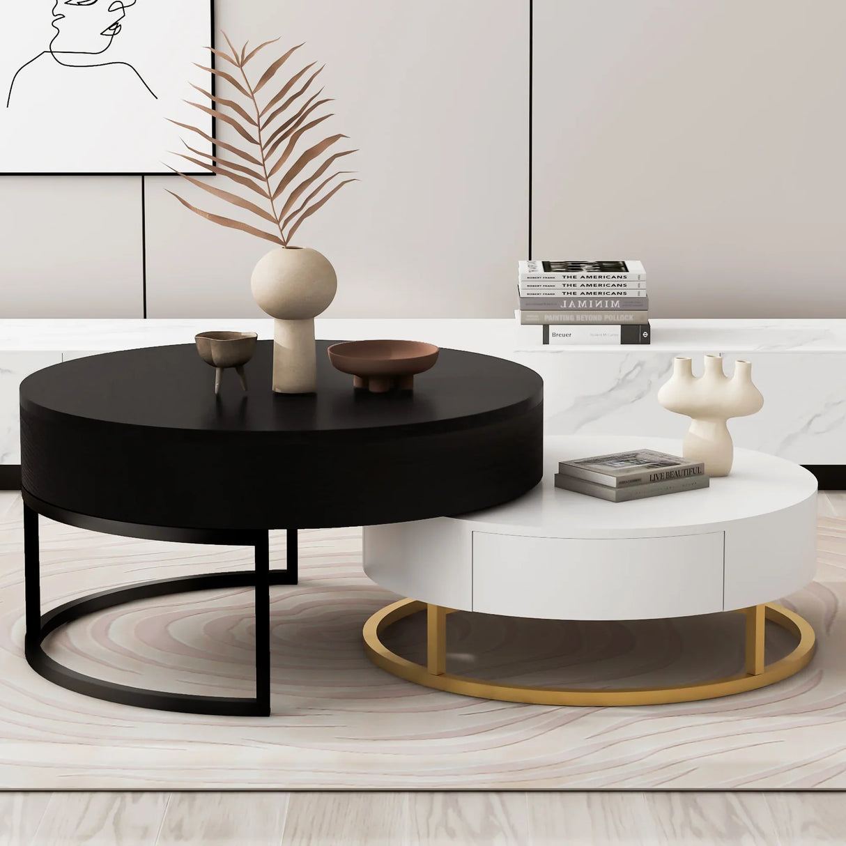Nesting Coffee Tables Round Lift-Top Modern Black and White - Furniture Home Direct
