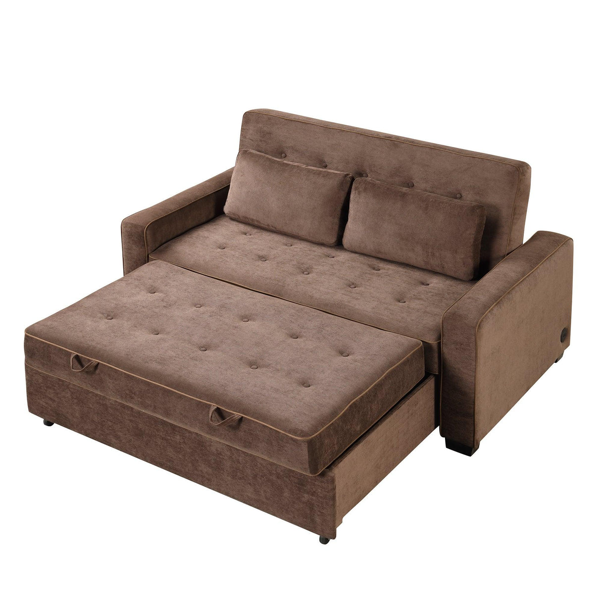 66.5" Upholstered Loveseat With Pull Out Bed, Two Throw Pillows, Dual USB Charging Port and Adjustable Backrest - Brown - Furniture Home Direct