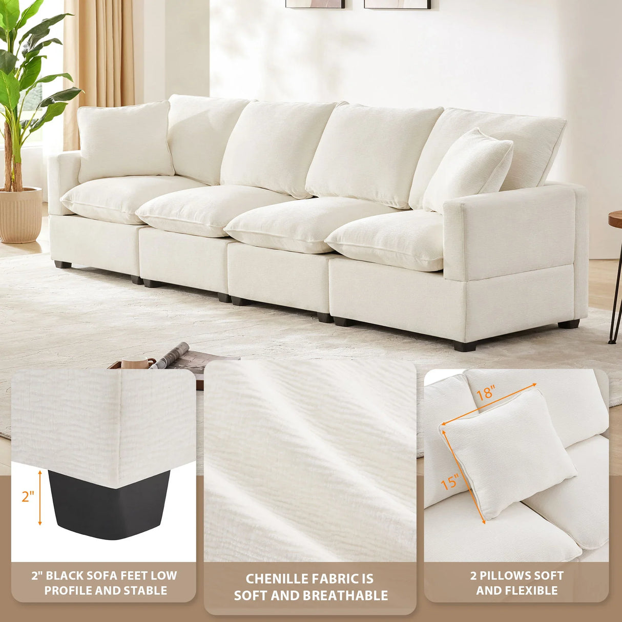 Modern Modular Sofa, 4 Seat Chenille Sectional Couch Set With 2 Pillows Included, Freely Combinable Indoor Funiture For Living Room, Apartment, Office - Furniture Home Direct