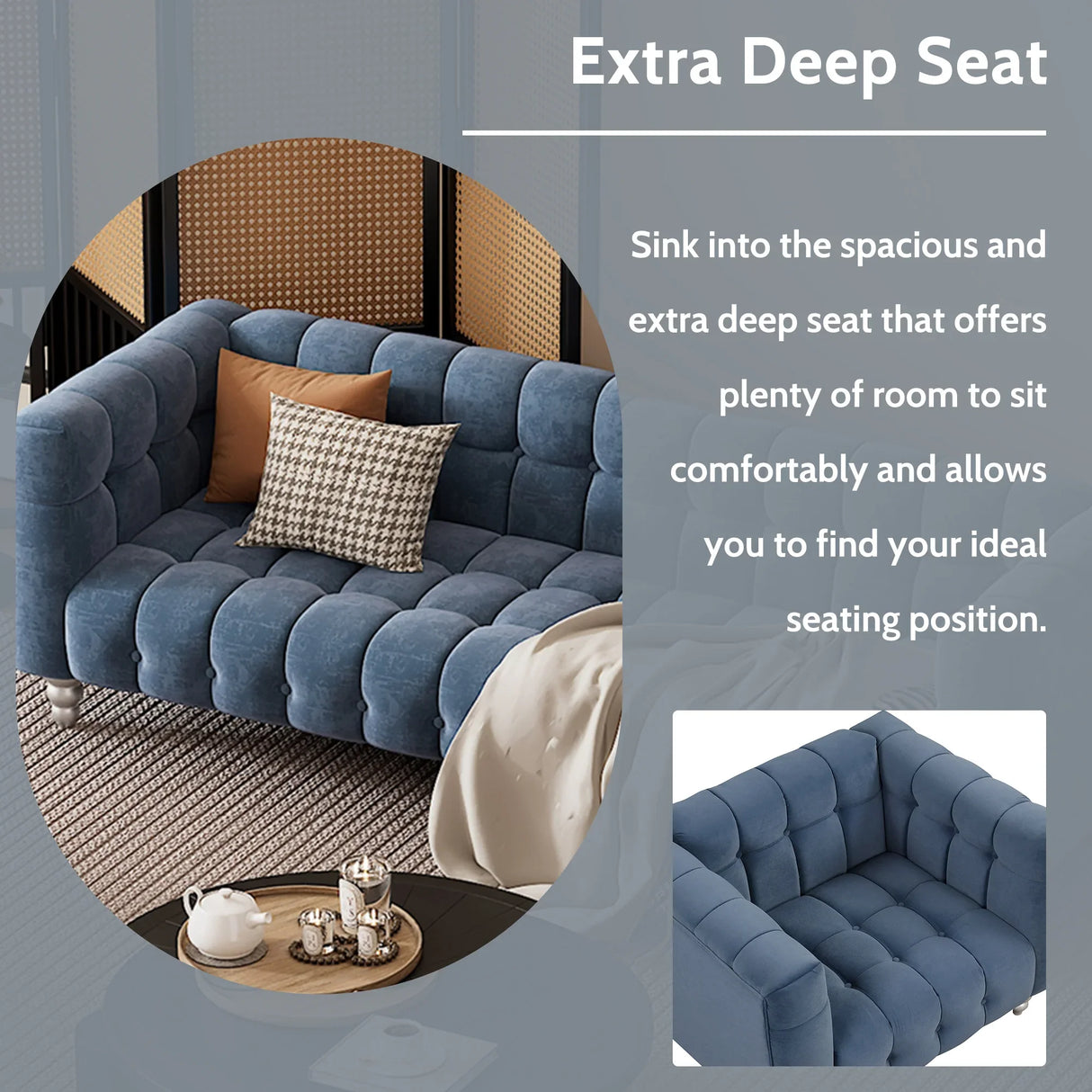 Modern 3-Living Room Set Including Sofa, love seat and Chair with solid wood legs, buttoned tufted backrest - Blue - Furniture Home Direct