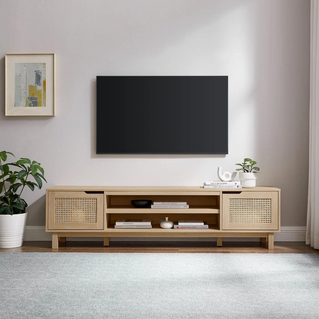 Modern Door Low TV Stand For TVs Up To 80" - Coastal Oak - Furniture Home Direct