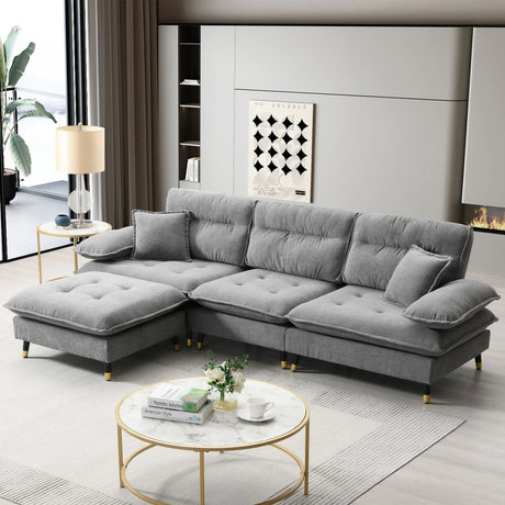 L Shaped Convertible Sectional Sofa 4 Seat Tufted Couch Set With Two Tone Adjust Legs Cloud Movable Ottoman - Furniture Home Direct