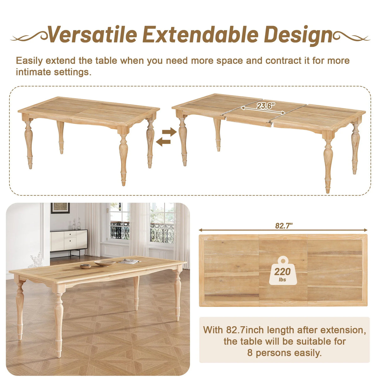Topmax - Vintage Traditional Extendable Dining Table Set With Removable Leaf - Furniture Home Direct