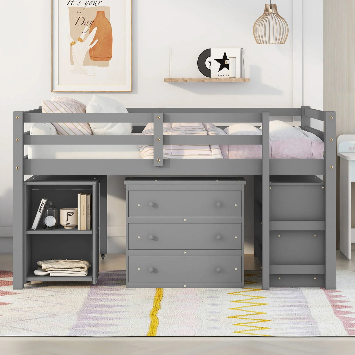 Loft Low Study Bed With Cabinet, Shelves And Rolling Portable Desk, Multiple Functions - Furniture Home Direct