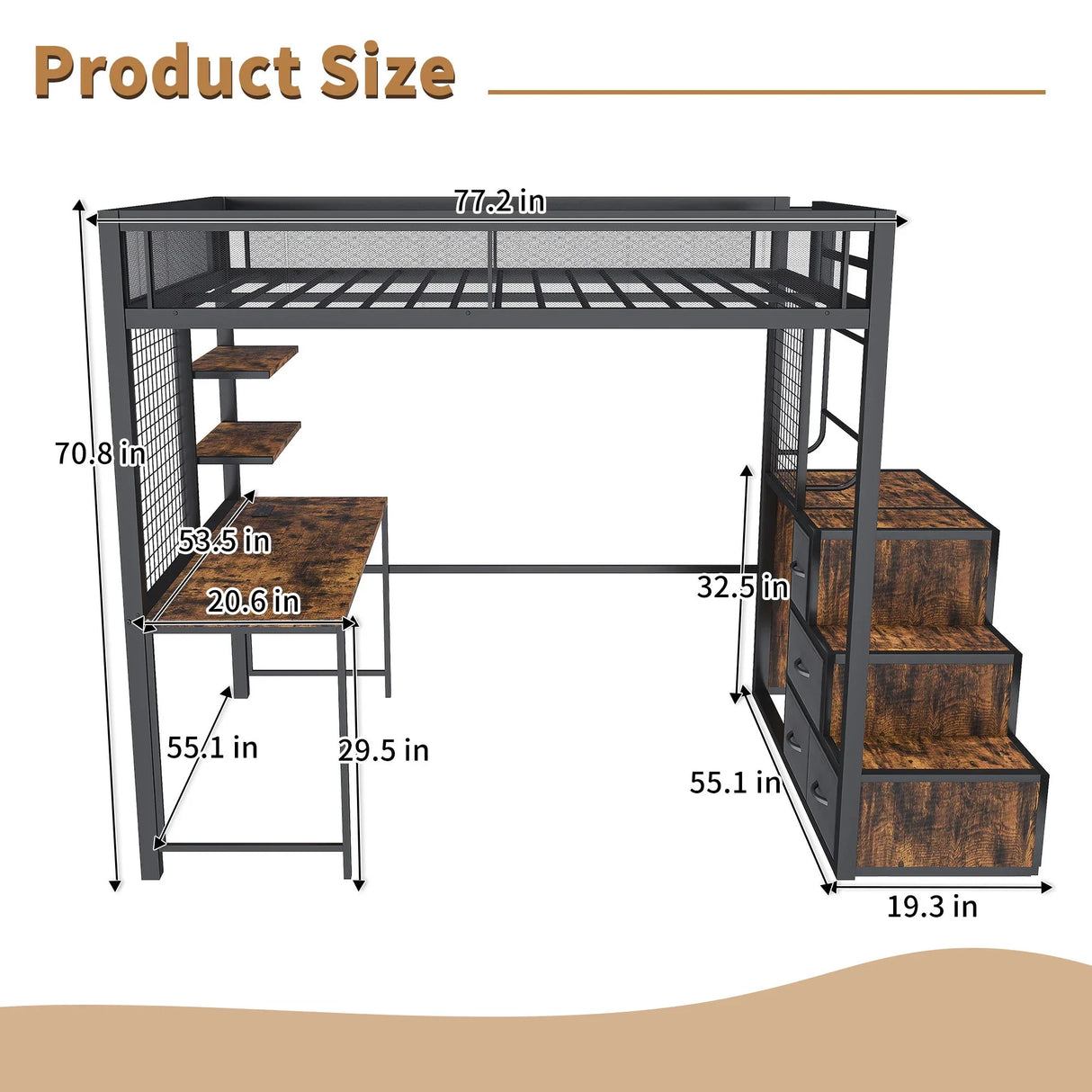 Heavy Duty Full Loft Bed With Desk & USB Charging Metal Frame With Storage Drawers And Staircase - Black - Furniture Home Direct