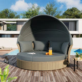 Outdoor Patio Daybed Wicker Rattan Double Daybed Round Sofa Furniture Set With Retractable Canopy, 4 Pillows For Lawn Garden - Furniture Home Direct