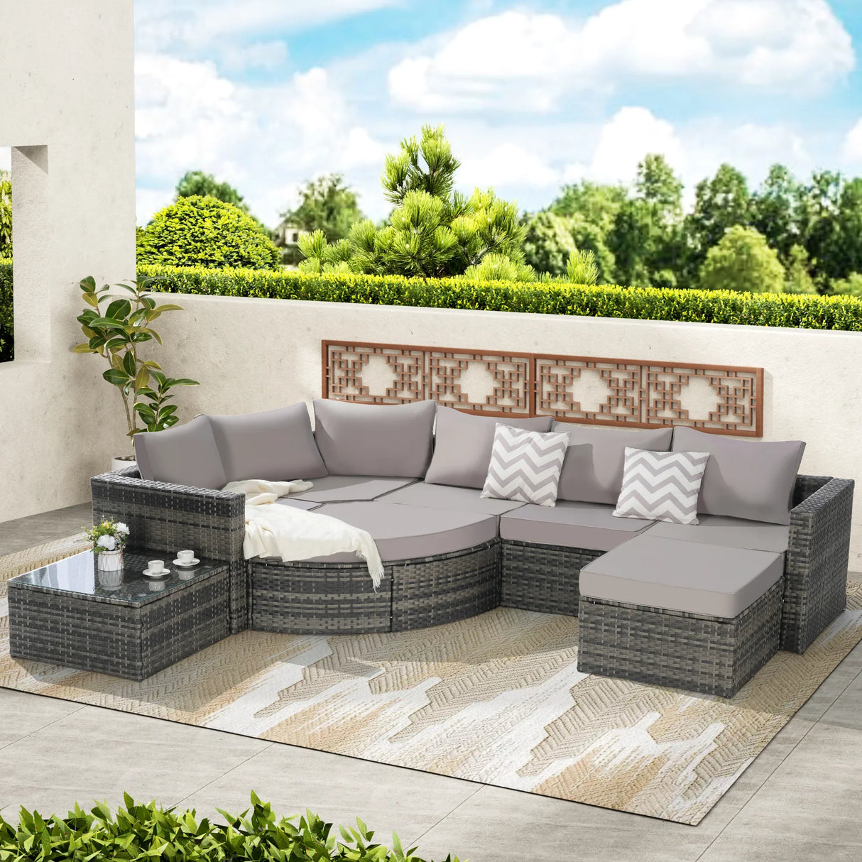 Wicker Outdoor Sectional Set with Curved Ottoman & Glass Top Table - Furniture Home Direct
