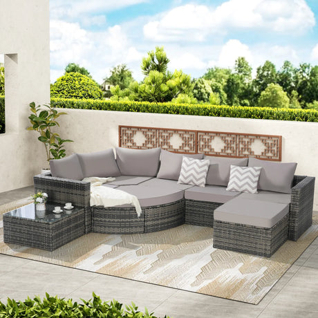 Wicker Outdoor Sectional Set with Curved Ottoman & Glass Top Table - Furniture Home Direct