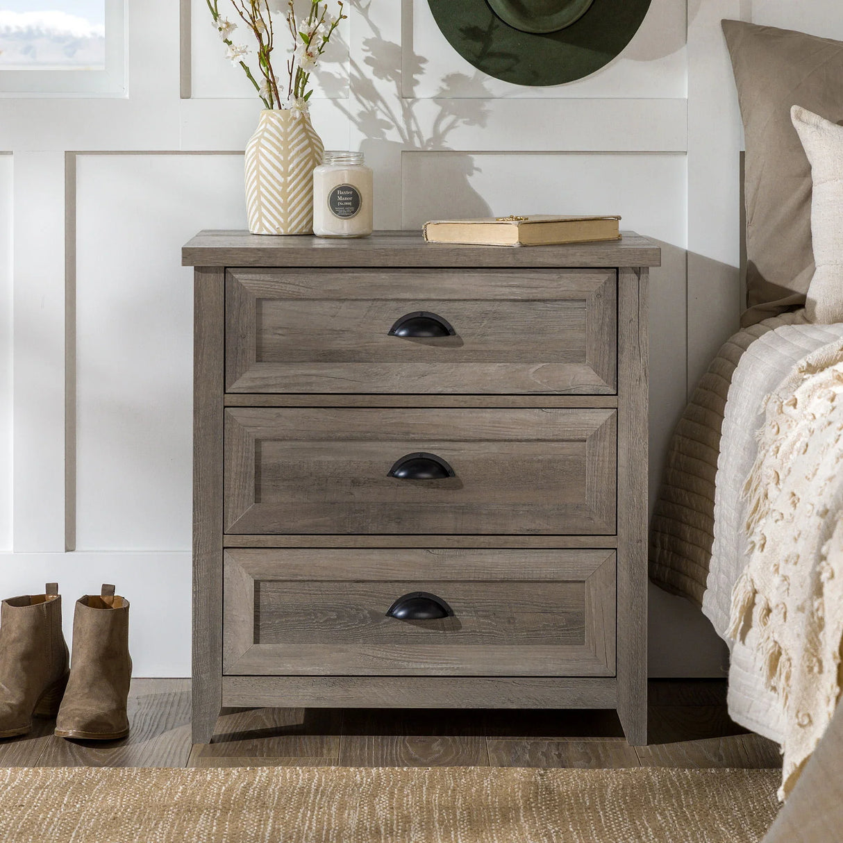Transitional Farmhouse Framed 3 Drawer Nighstand With Cup Handles - Furniture Home Direct