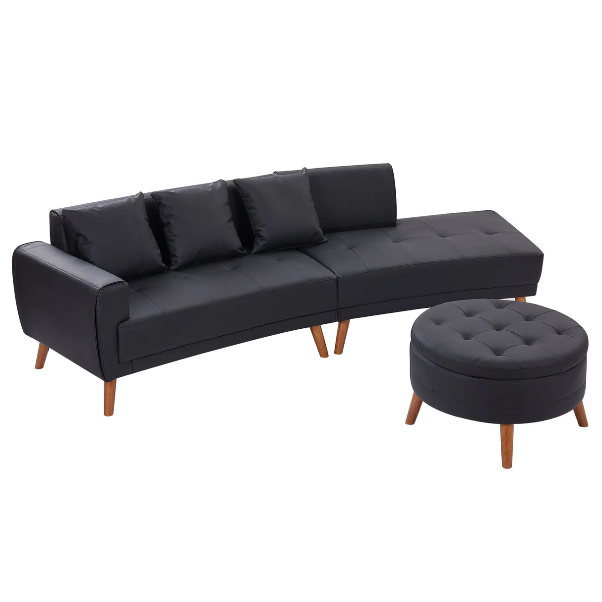 107 Inch Black Sectional With Round Storage Ottoman - Furniture Home Direct