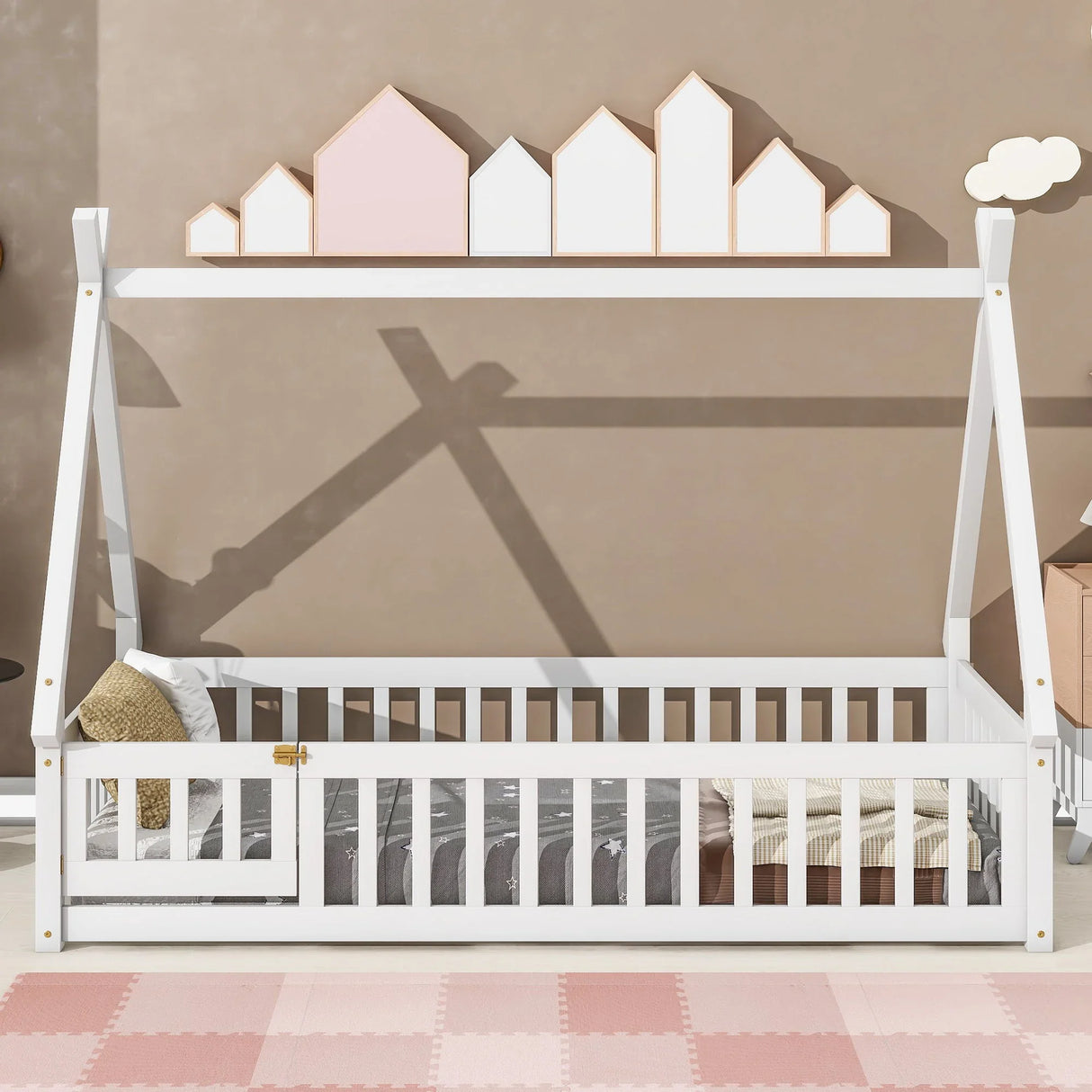 Tent-Shaped Floor Bed, With Guardrails, Slats, Door - Furniture Home Direct