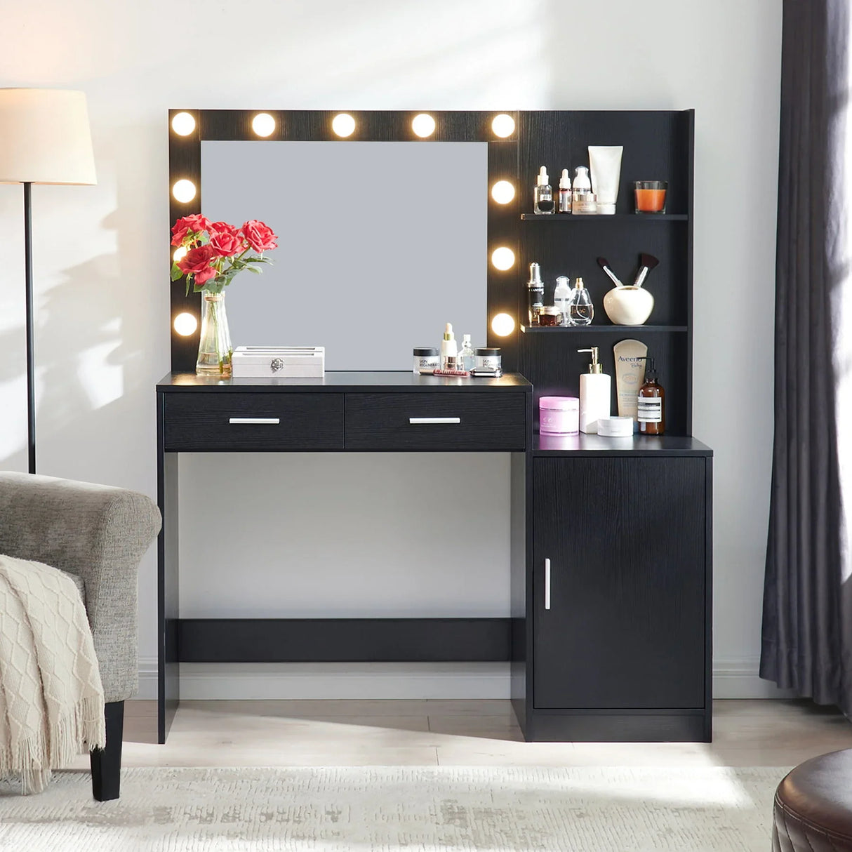 Vanity Desk With Mirror And Lights, 46.4In Dressing Table With 2 Large Drawer & Large Vertical Organizer, 3 Level Dresser & 3 Lighting Modes Adjustable Brightness, Suitable For Bedroom - Furniture Home Direct