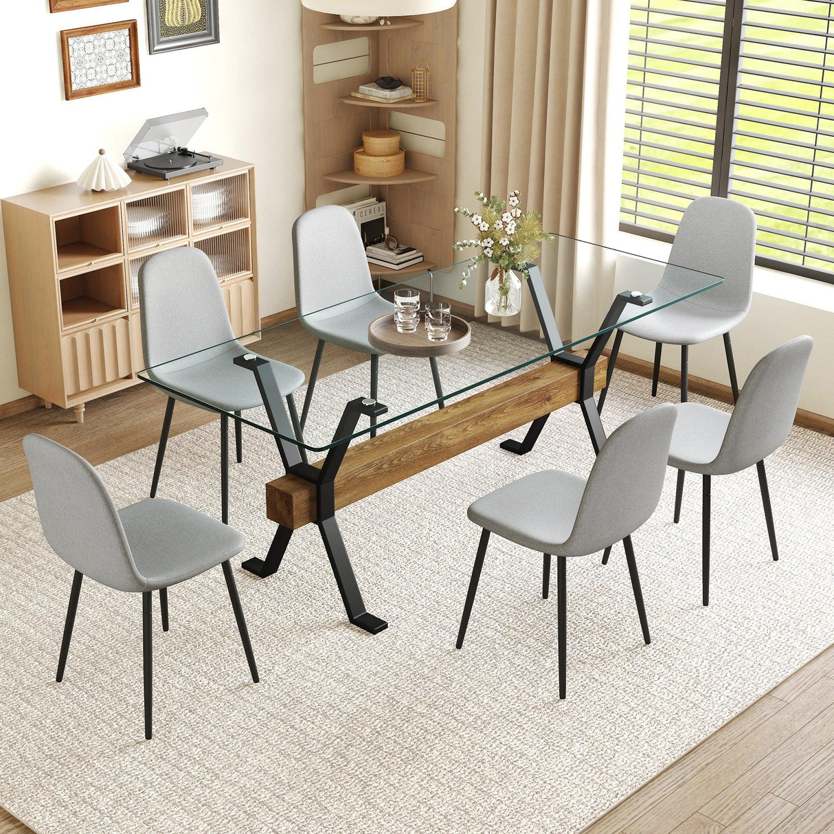Dining Set Glass Top Table With Six Chairs In Gray - Furniture Home Direct
