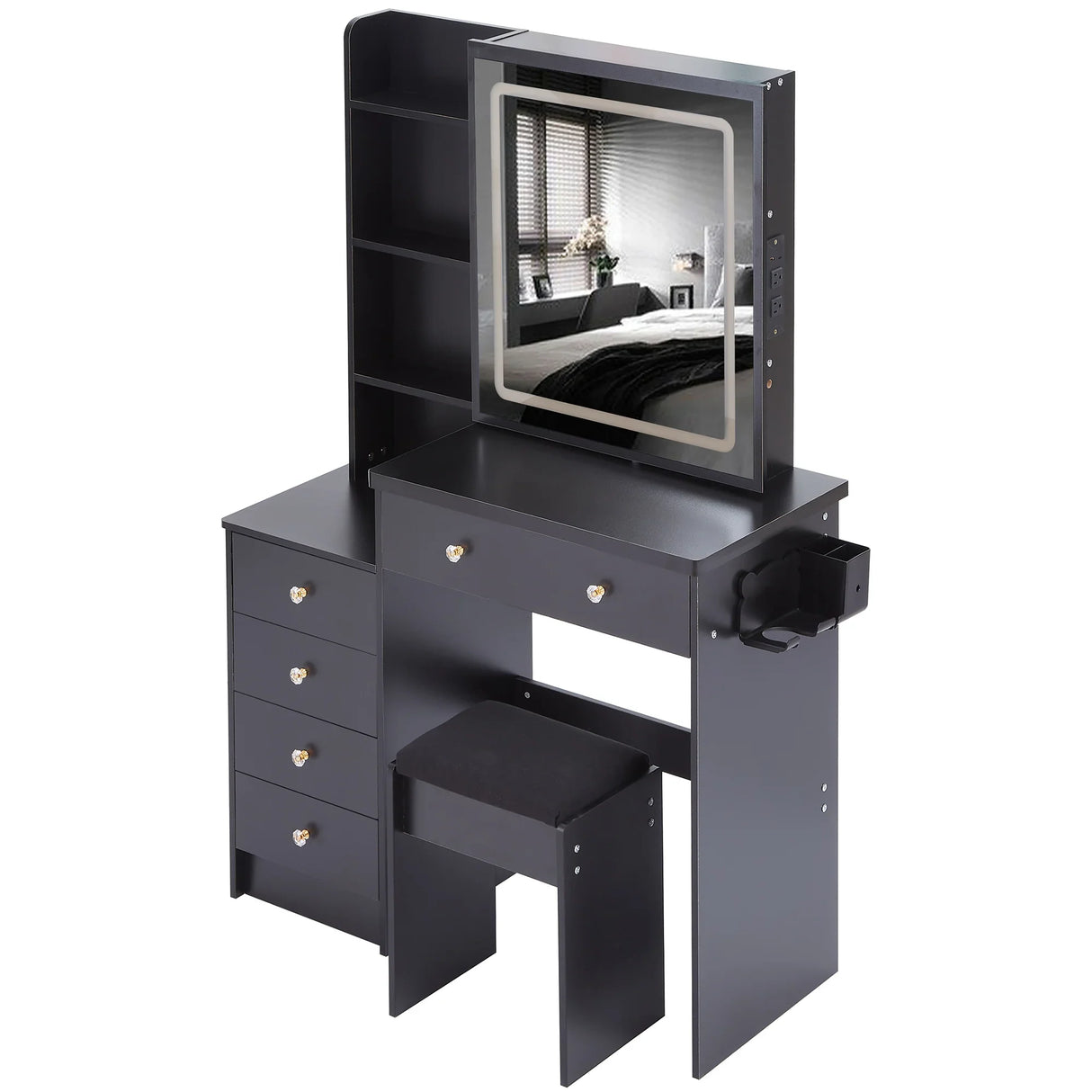 Vanity Table with Cushioned Stool Modern Finish Black - Furniture Home Direct
